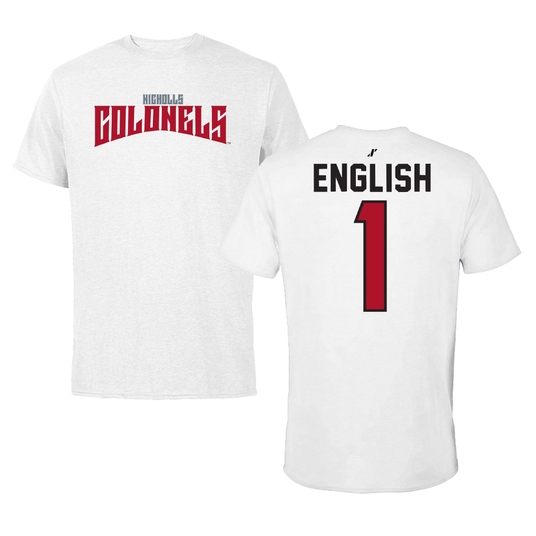 Nicholls State University Basketball White Classic Performance Tee - #1 Trae English