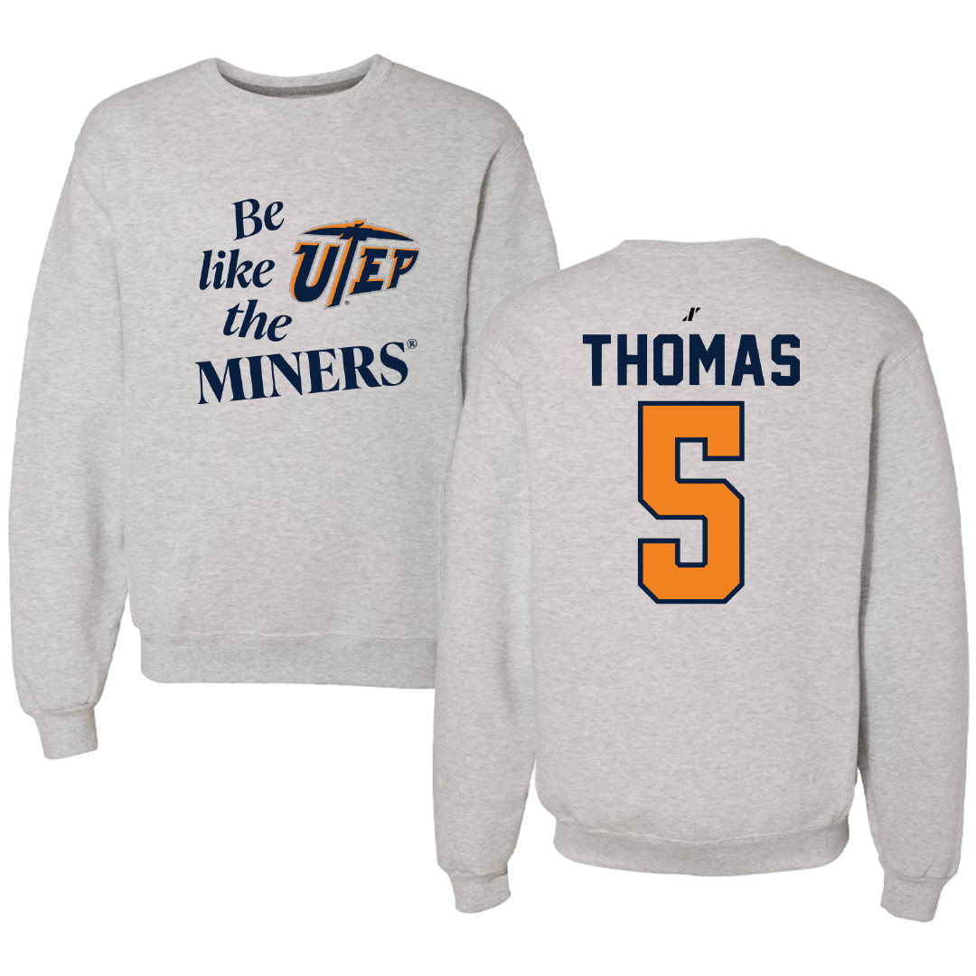 University of Texas at El Paso Football Light Gray Be Like Us Crewneck - #5 Kam Thomas