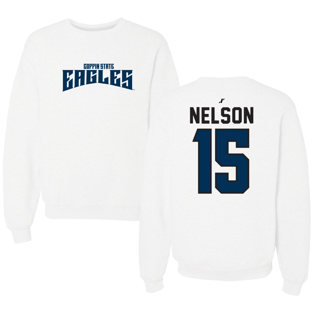 Coppin State University Basketball White Classic Crewneck - #15 Macahi Nelson