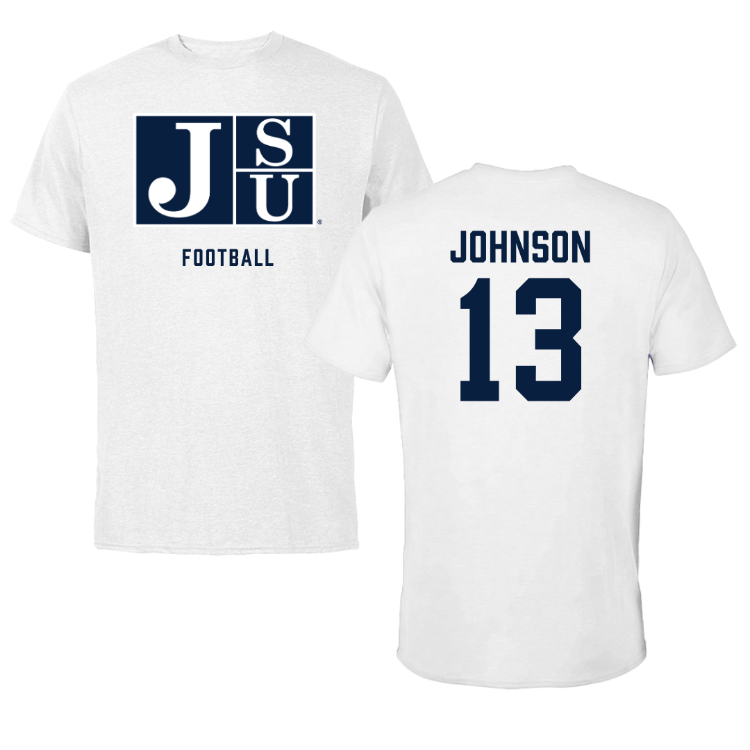 Jackson State University Football White Performance Tee - #13 Brandon Johnson