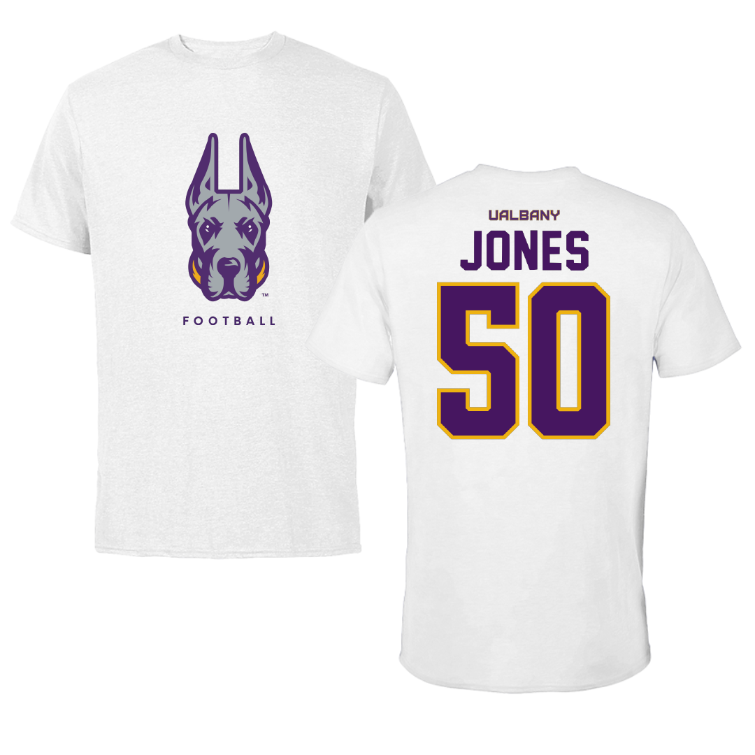 University at Albany Football White Mascot Performance Tee - #50 Jacob Jones