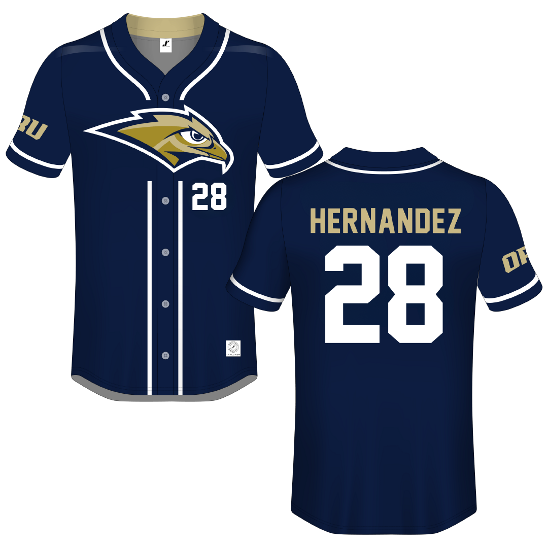 Oral Roberts University Navy Button-Down Jersey - #28 Ricardo Hernandez
