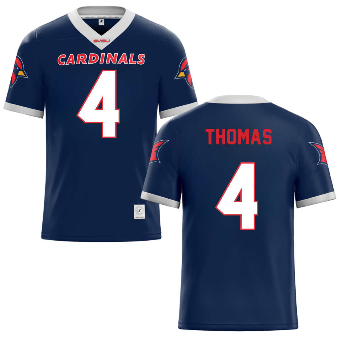 Saginaw Valley State University Navy Football Jersey - #4 Jamari Thomas