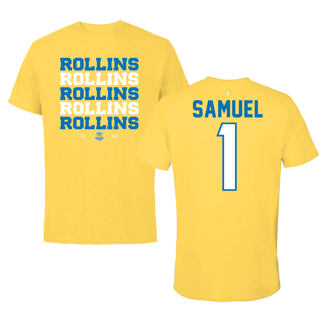 Rollins College Basketball Yellow General Tee - #1 Caleb Samuel