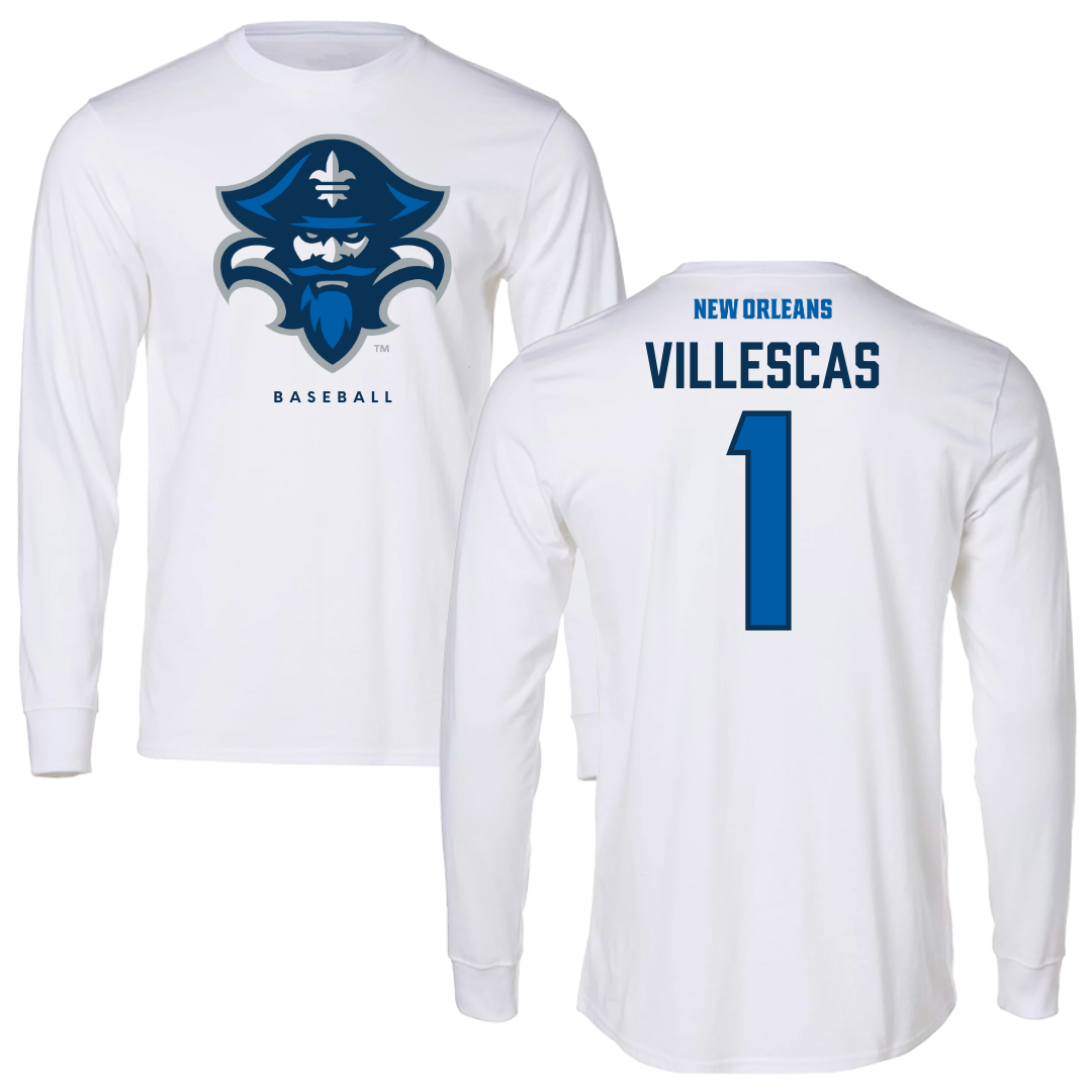 University of New Orleans Baseball White Performance Long Sleeve - #1 Diego Villescas