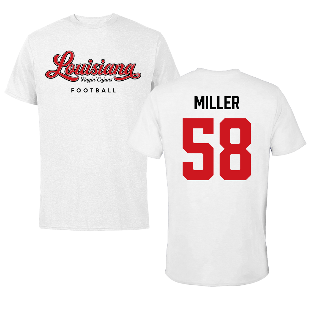 University of Louisiana at Lafayette Football White Performance Tee - #58 Grant Miller