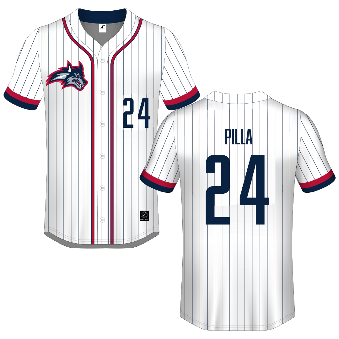 Stony Brook University White Pinstripe Button-Down Jersey - #24 Johnny Pilla