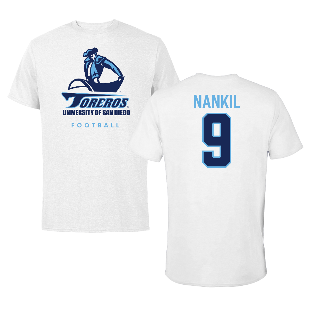 University of San Diego Football White Performance Tee - #9 Dom Nankil