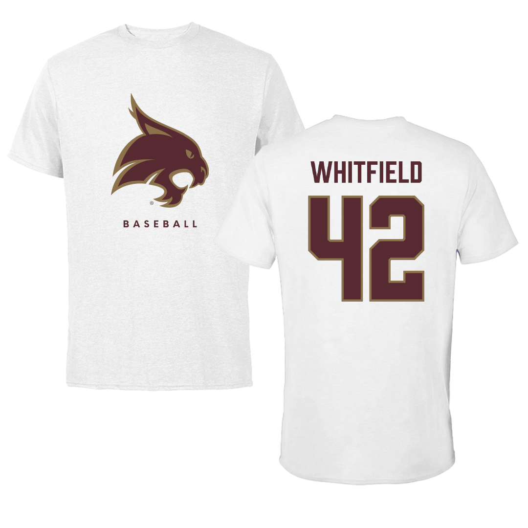 Texas State University Baseball White Performance Tee - #42 Damien Whitfield
