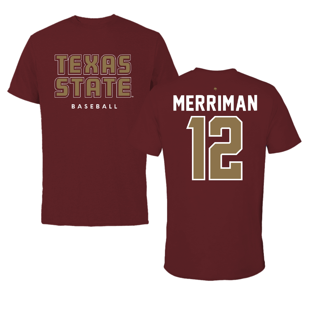 Texas State University Baseball Maroon Tee - #12 Ben Merriman