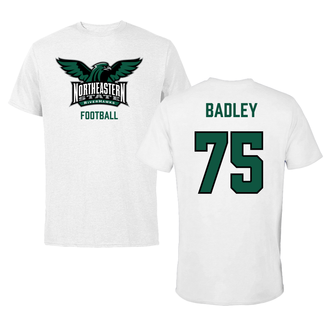 Northeastern State University Football White Tee - #75 Cayson Badley