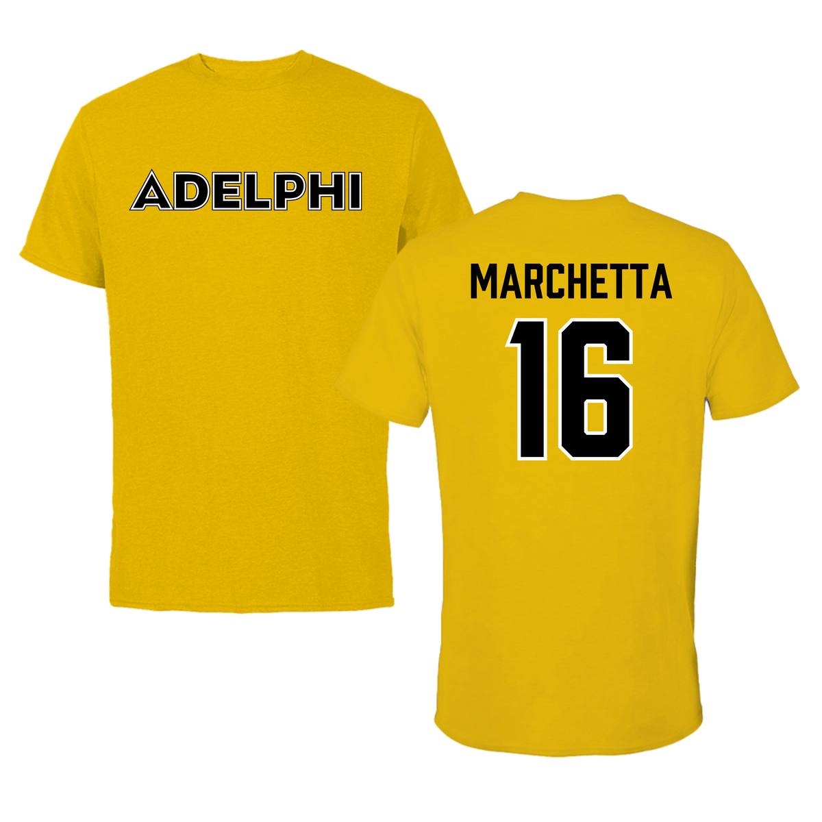 Adelphi University Lacrosse Gold Tee - #16 Madison Marchetta