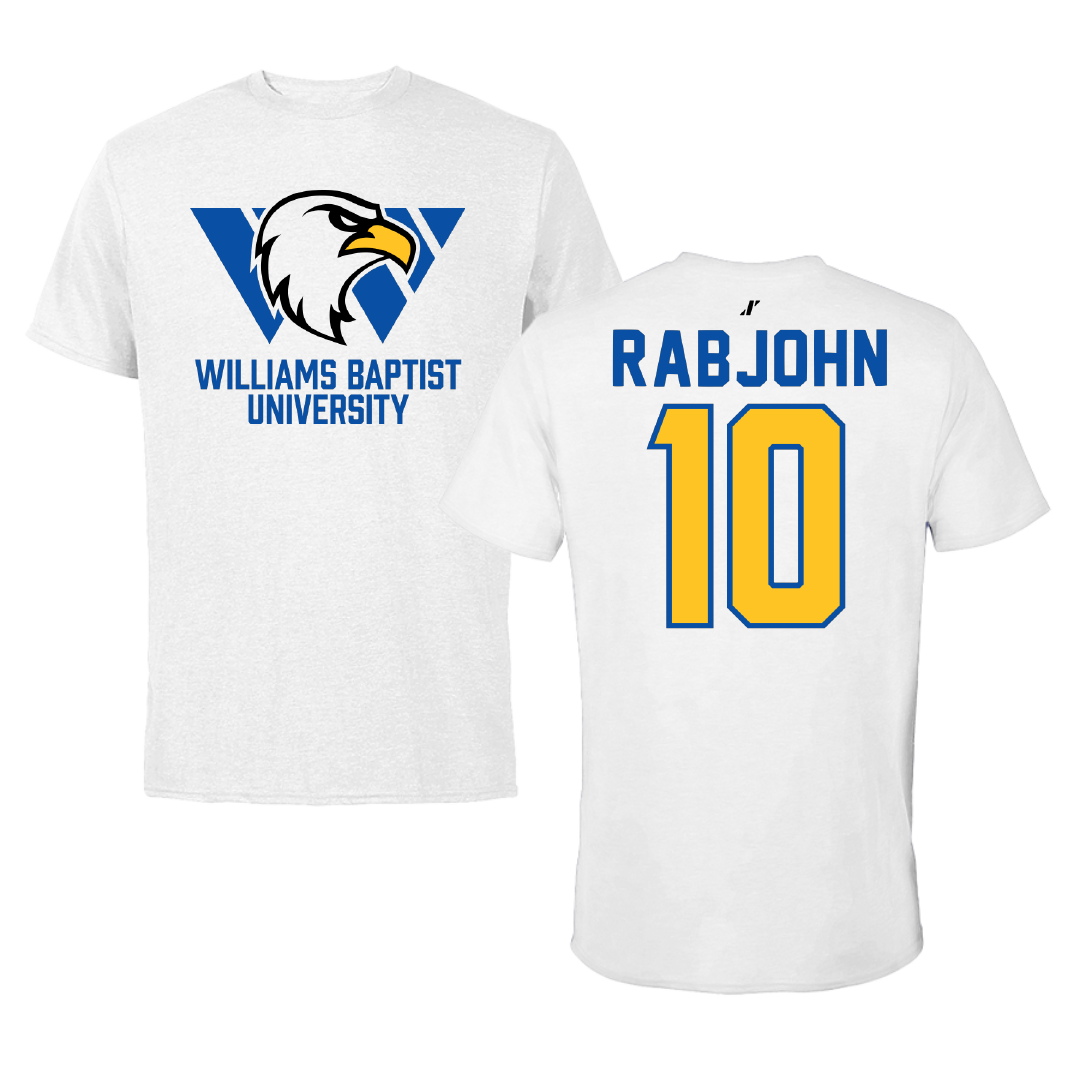 Williams Baptist University Basketball White Performance Tee - #10 Cooper Rabjohn