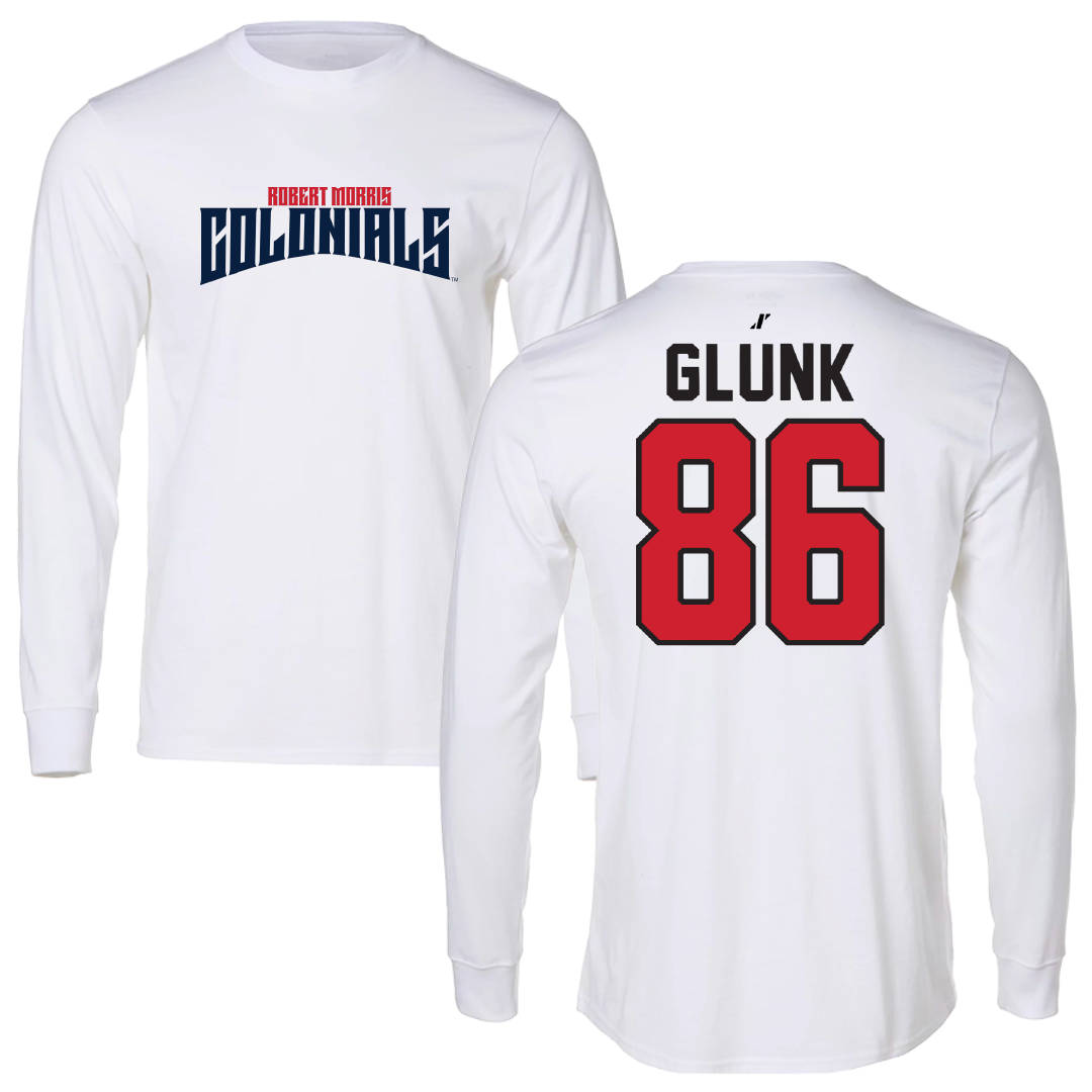 Robert Morris University Football White Classic Performance Long Sleeve - #86 Rian Glunk