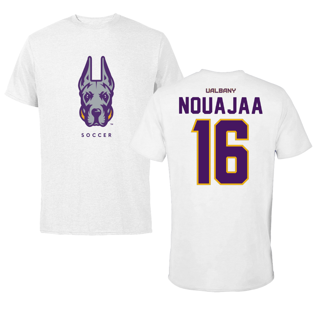University at Albany Soccer White Mascot Performance Tee - #16 Nassim Nouajaa