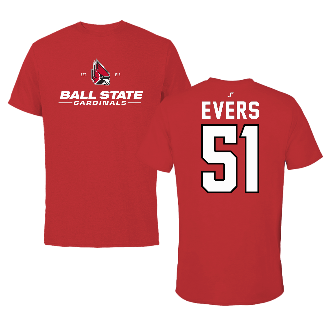 Ball State University Football Red General Performance Tee - #51 Ethan Evers