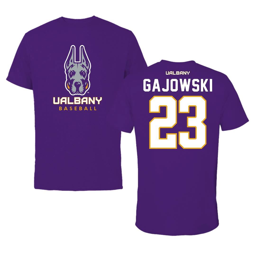 University at Albany Baseball Purple Tee - #23 Mark Gajowski