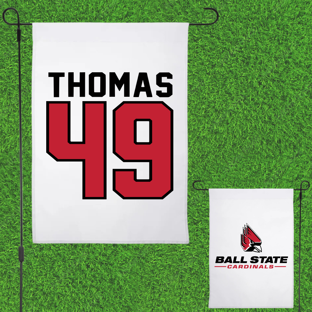 Ball State University Football White Garden Flag - #49 Justin Thomas