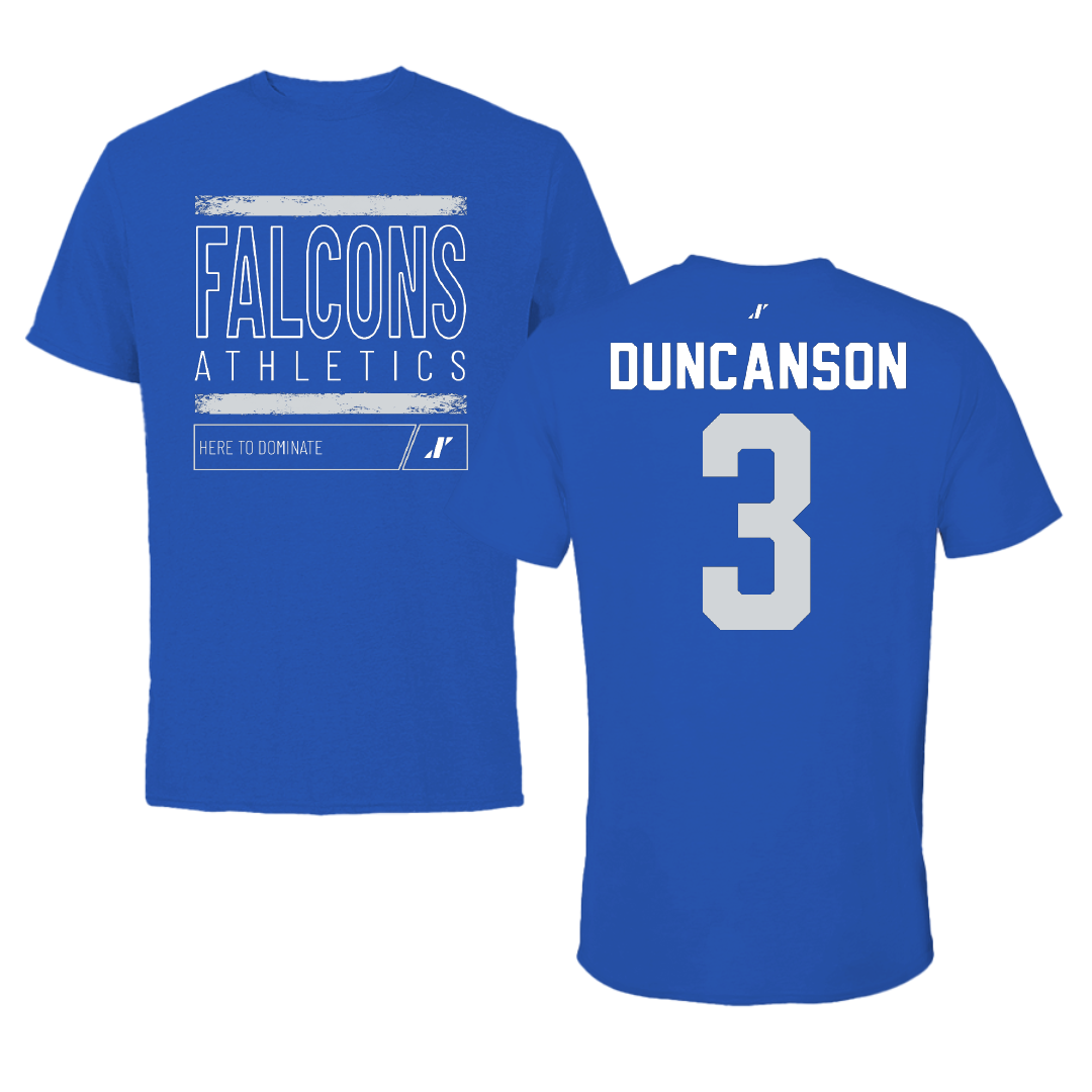 Albertus Magnus College Basketball Blue Dominate Tee - #3 Malcolm Duncanson