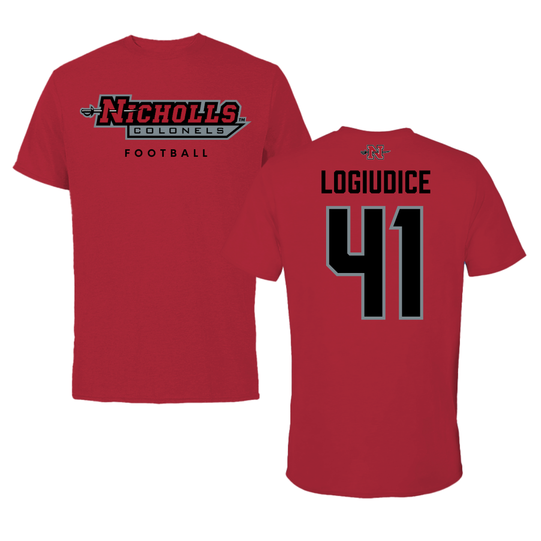 Nicholls State University Football Red Performance Tee - #41 Dominic LoGiudice