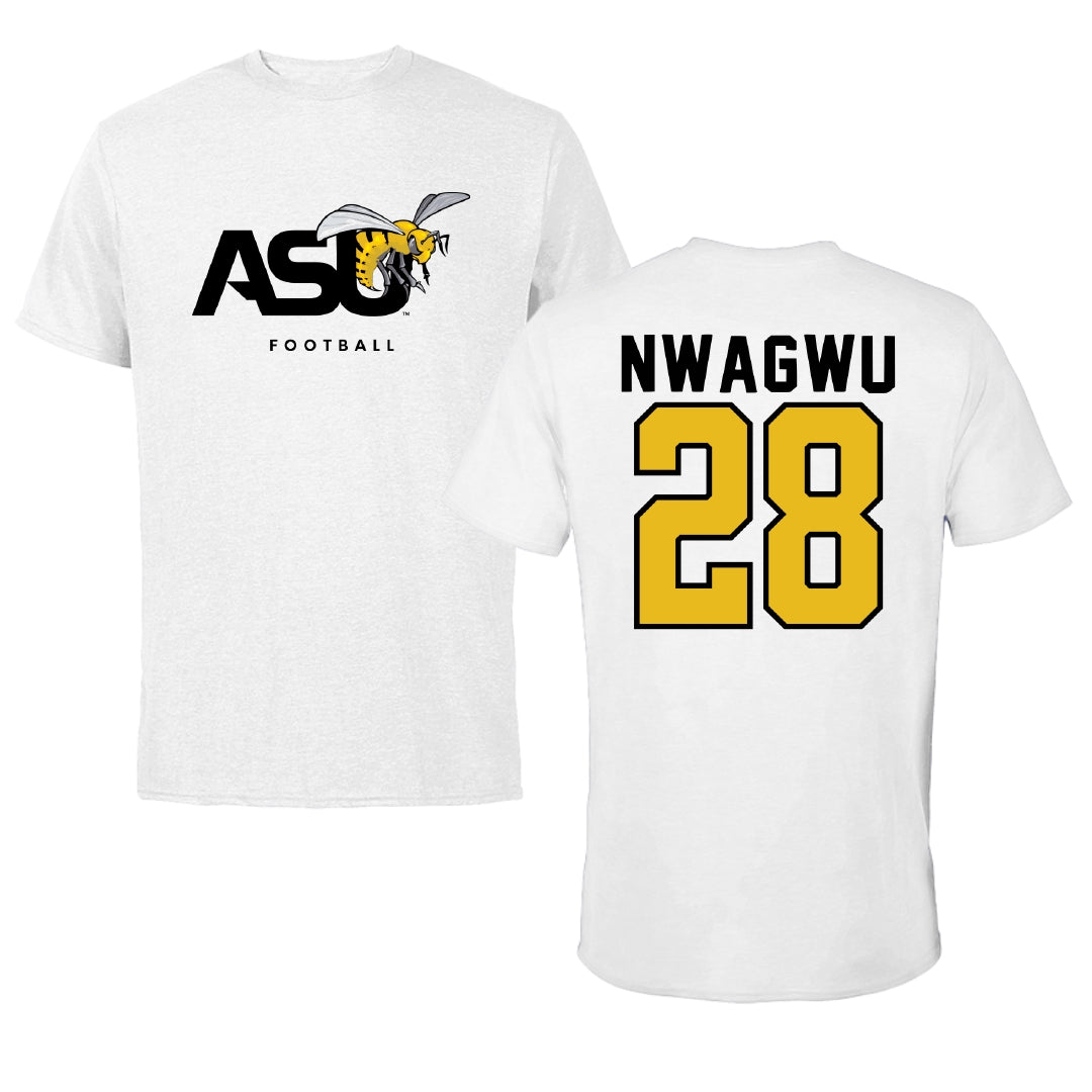Alabama State University Football White ASU Tee - #28 Nathan Nwagwu