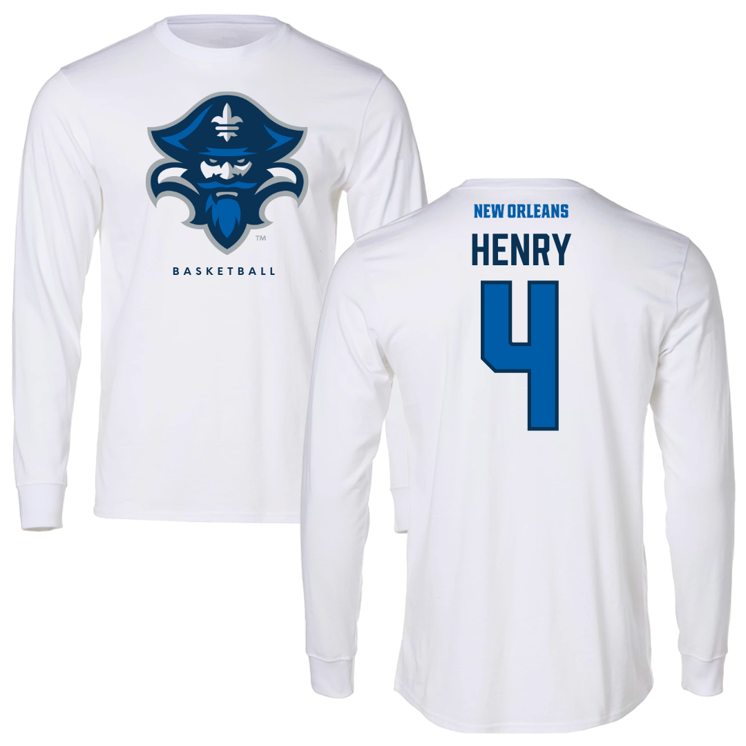University of New Orleans Basketball White Performance Long Sleeve - #4 Omarion Henry