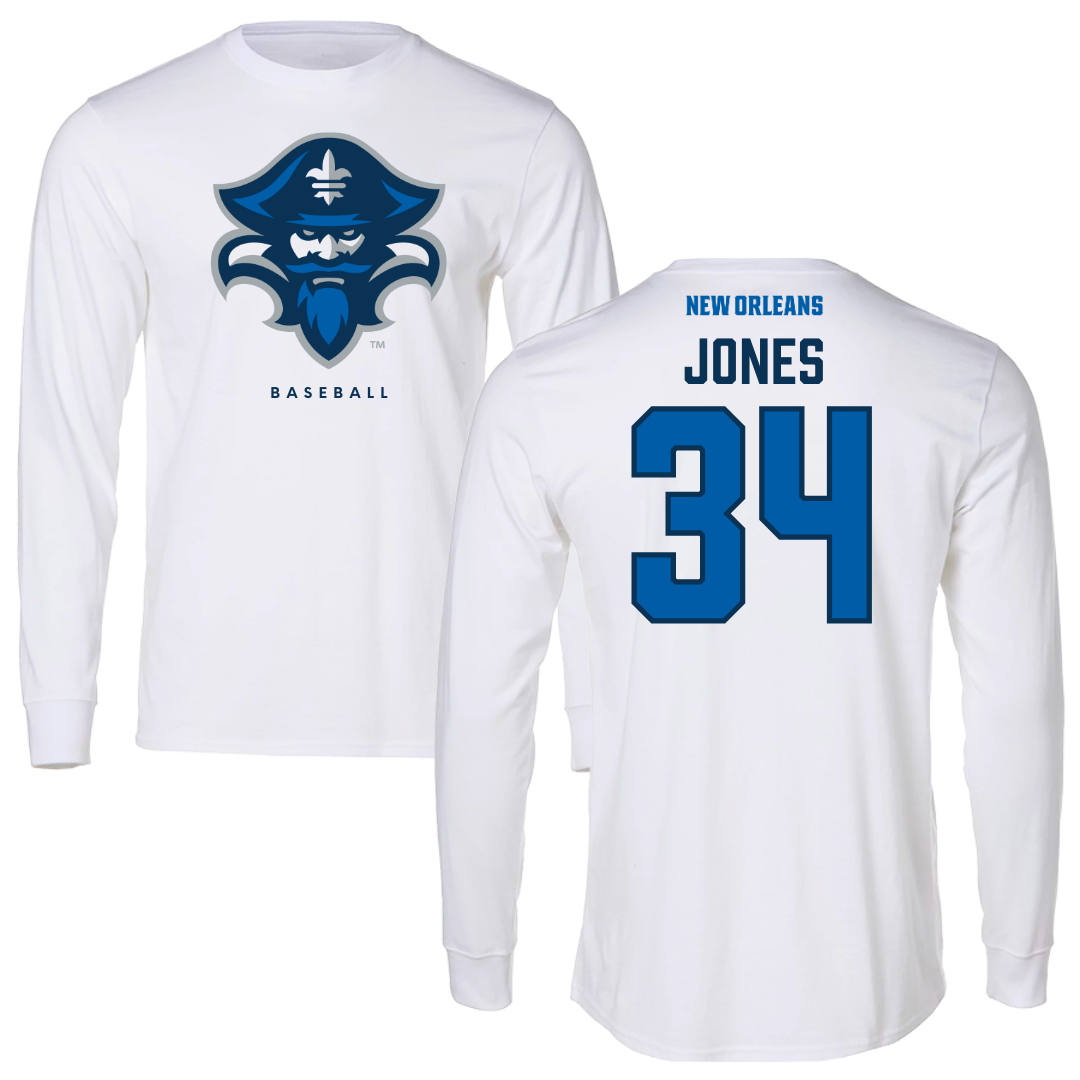 University of New Orleans Baseball White Performance Long Sleeve - #34 Skylar Jones