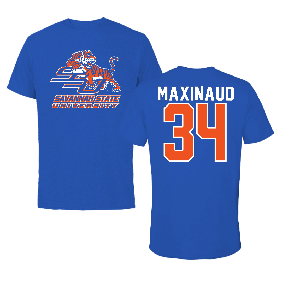 Savannah State University Basketball Blue Performance Tee - #34 Jerry Maxinaud