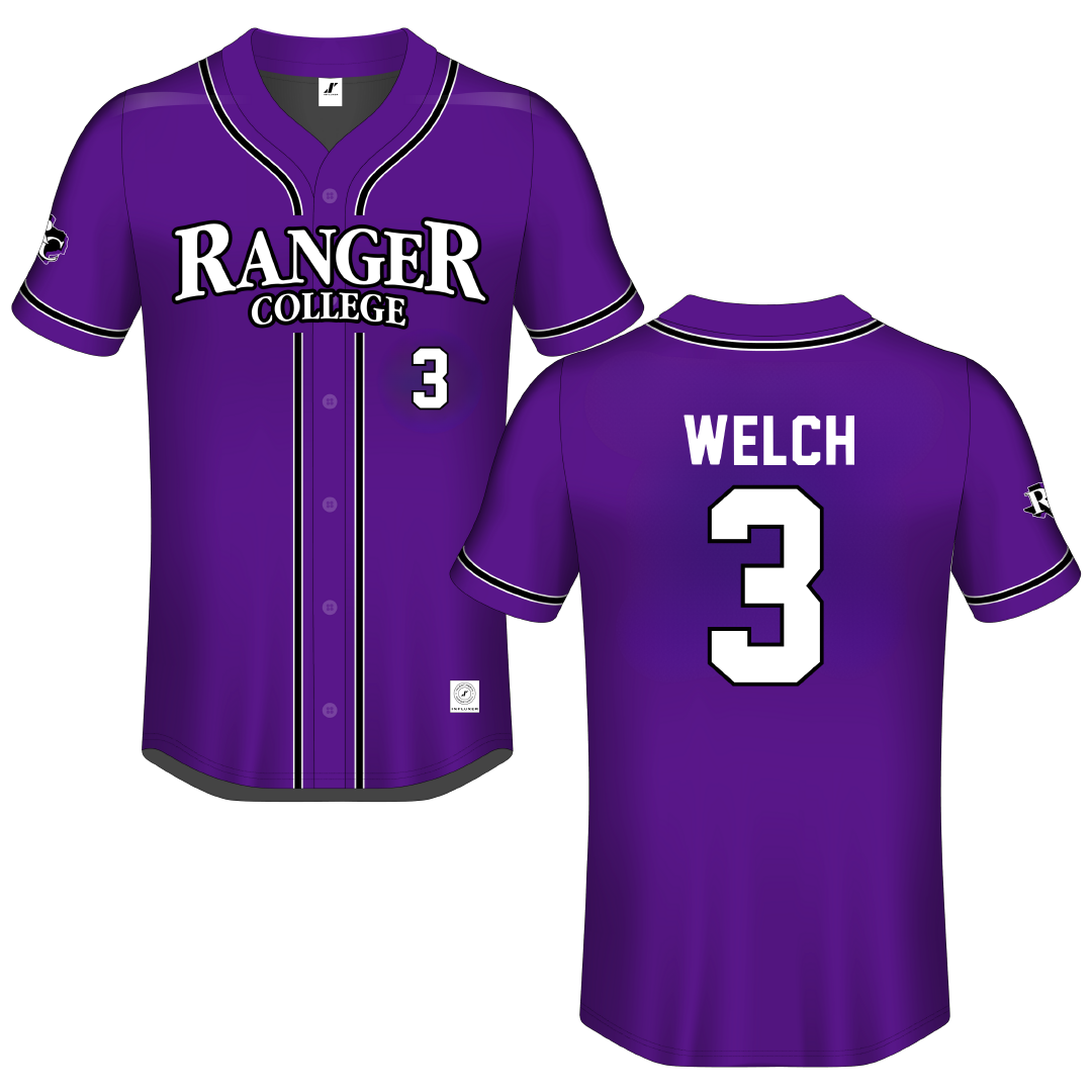 Ranger College Purple Button-Down Jersey - #3 Kaylee Welch