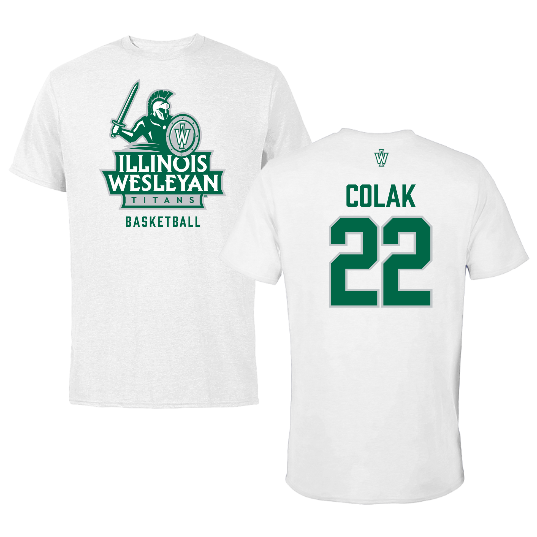 Illinois Wesleyan University Basketball White Performance Tee - #22 Karlo Colak