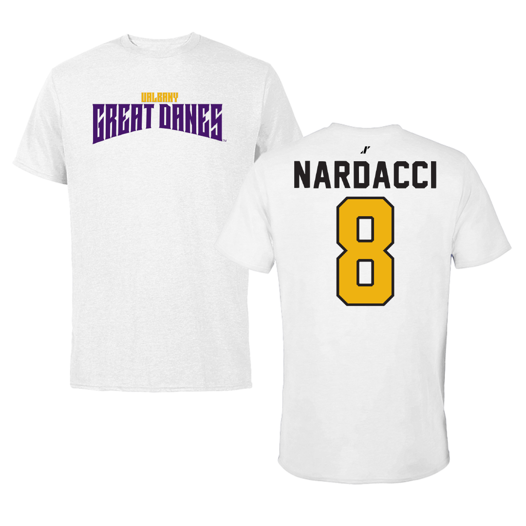 University at Albany Baseball White Classic Performance Tee - #8 Ethan Nardacci