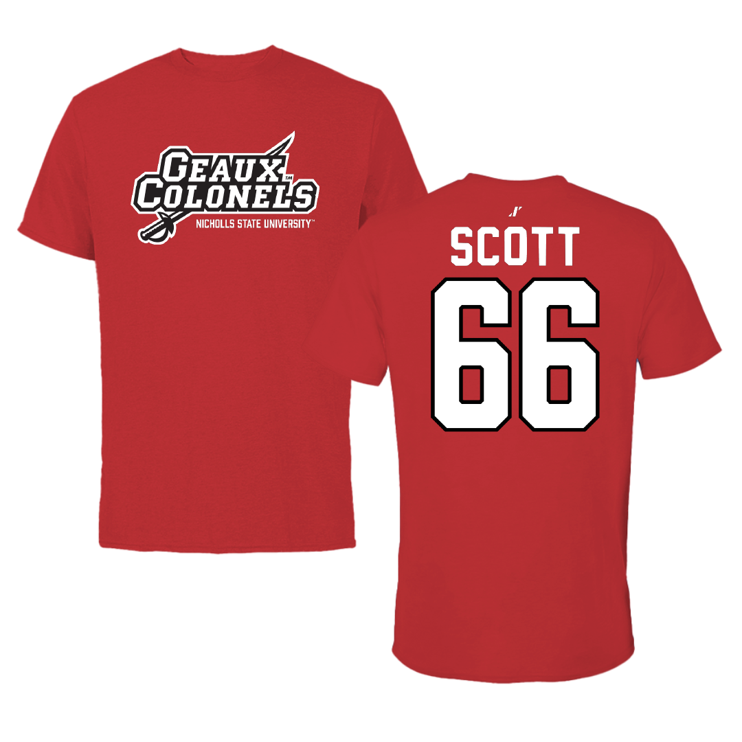Nicholls State University Football Red General Performance Tee - #66 Sameij Scott