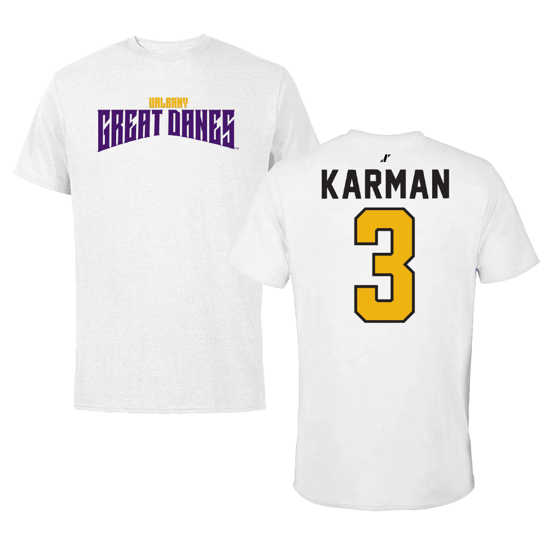 University at Albany Volleyball White Classic Performance Tee - #3 Gabriella Karman