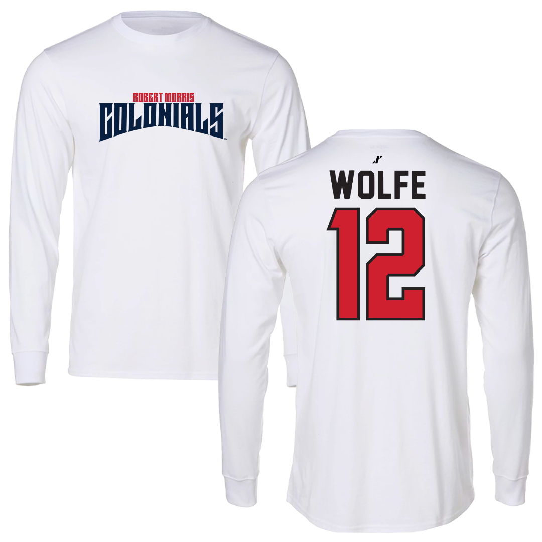 Robert Morris University Football White Classic Performance Long Sleeve - #12 Jake Wolfe