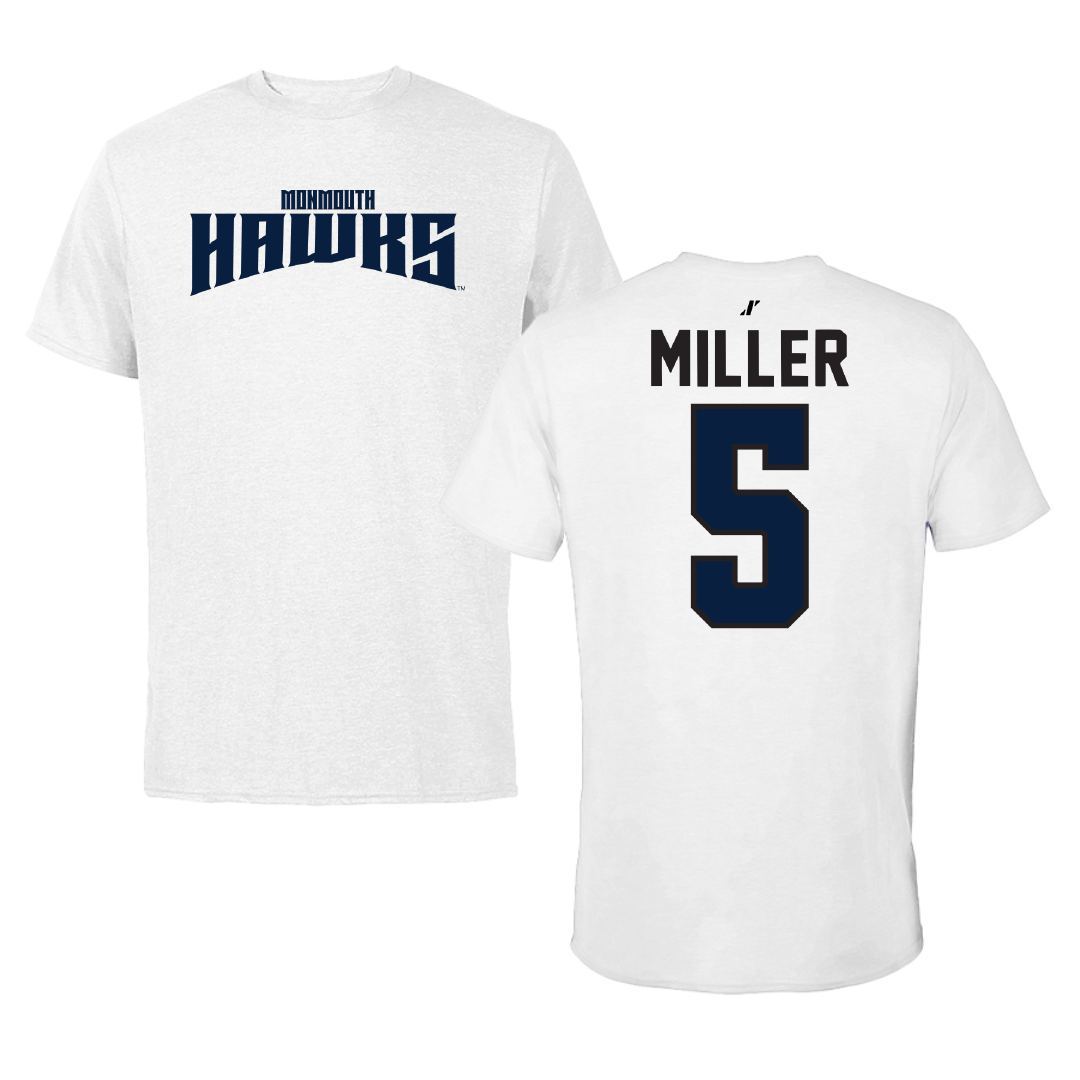 Monmouth University Basketball White Classic Performance Tee - #5 Corey Miller