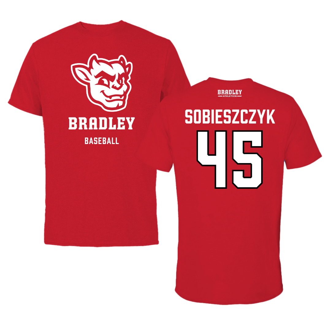 Bradley University Baseball Red Mascot Performance Tee - #45 Isaac Sobieszczyk