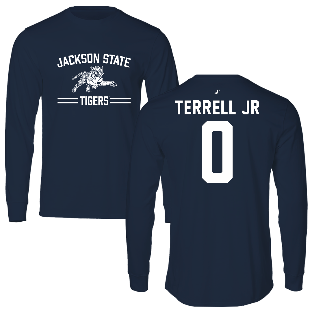 Jackson State University Football Navy General Performance Long Sleeve - #0 Travis Terrell Jr