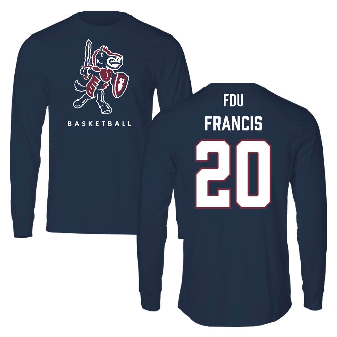 Fairleigh Dickinson University-Metropolitan Campus Basketball Navy Performance Long Sleeve - #20 Davin Francis