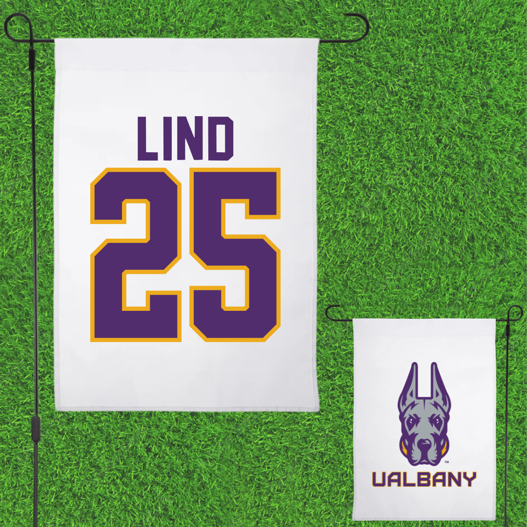 University at Albany Soccer White Garden Flag - #25 Zach Lind