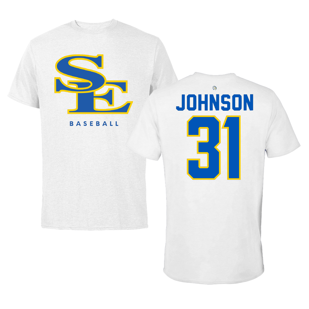 Southeastern Oklahoma State University Baseball White Performance Tee - #31 Luke Johnson