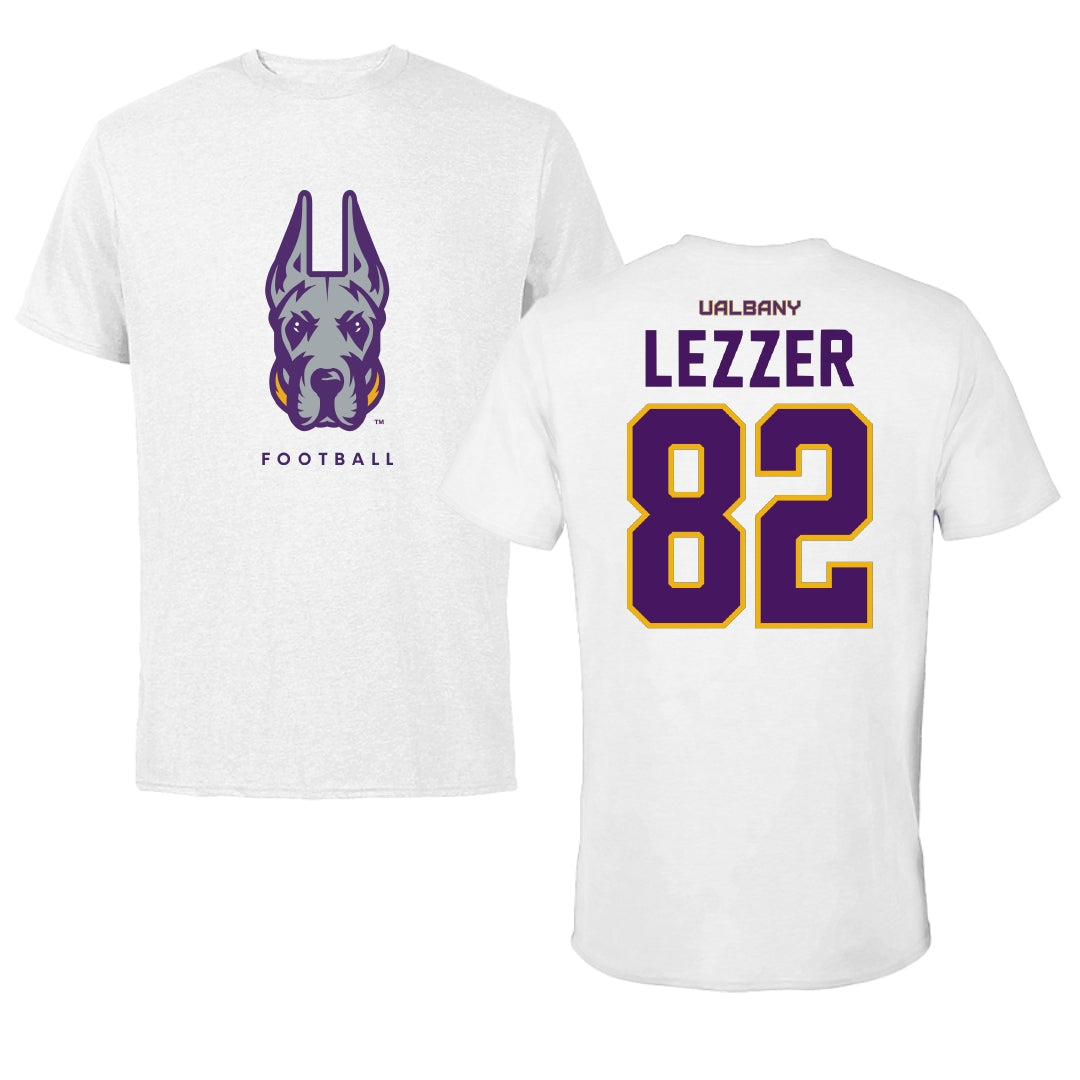 University at Albany Football White Mascot Tee - #82 Jake Lezzer