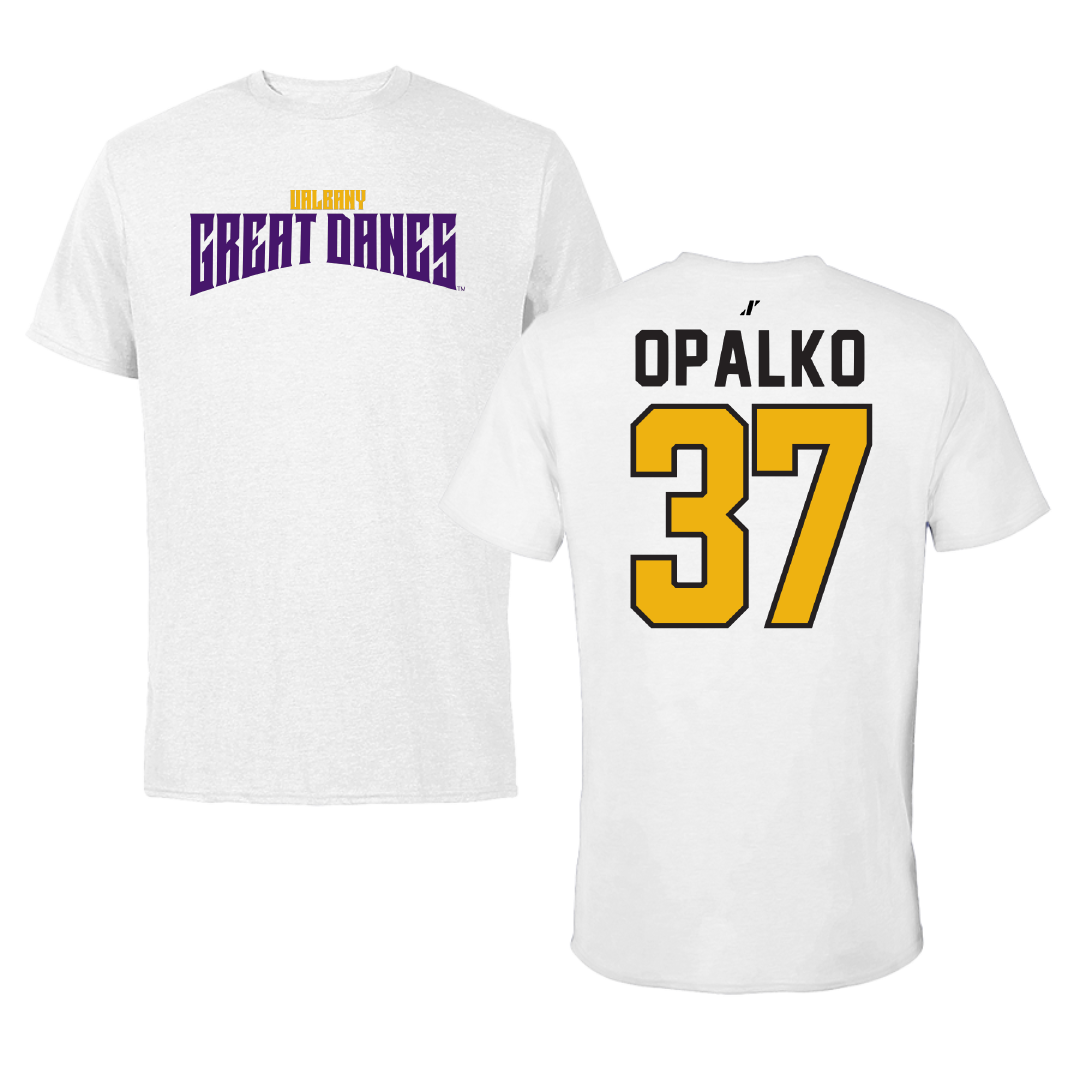University at Albany Football White Classic Performance Tee - #37 John Opalko