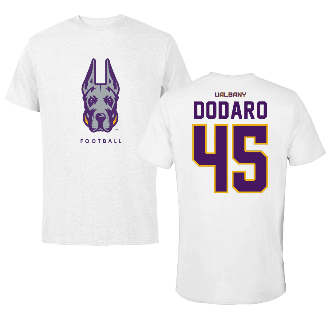 University at Albany Football White Mascot Tee - #45 John Dodaro