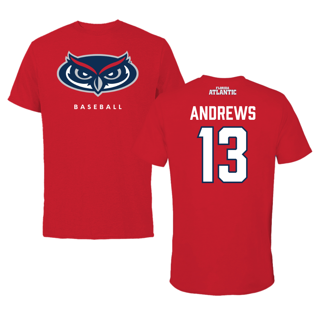 Florida Atlantic University Baseball Red Jersey Performance Tee - #13 Steven Andrews