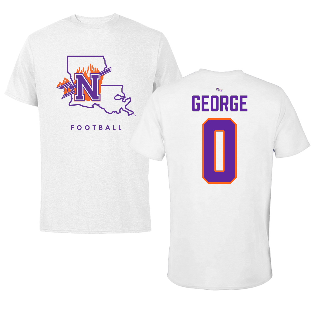 Northwestern State University Football White Performance Tee - #0 Cam George