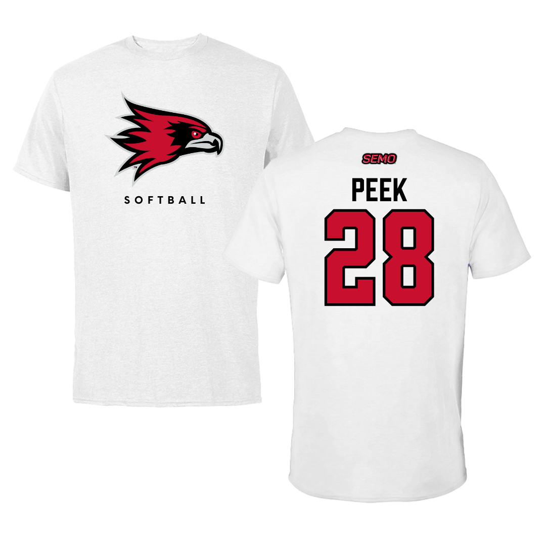 Southeast Missouri State University Softball White Performance Tee - #28 Marissa Peek