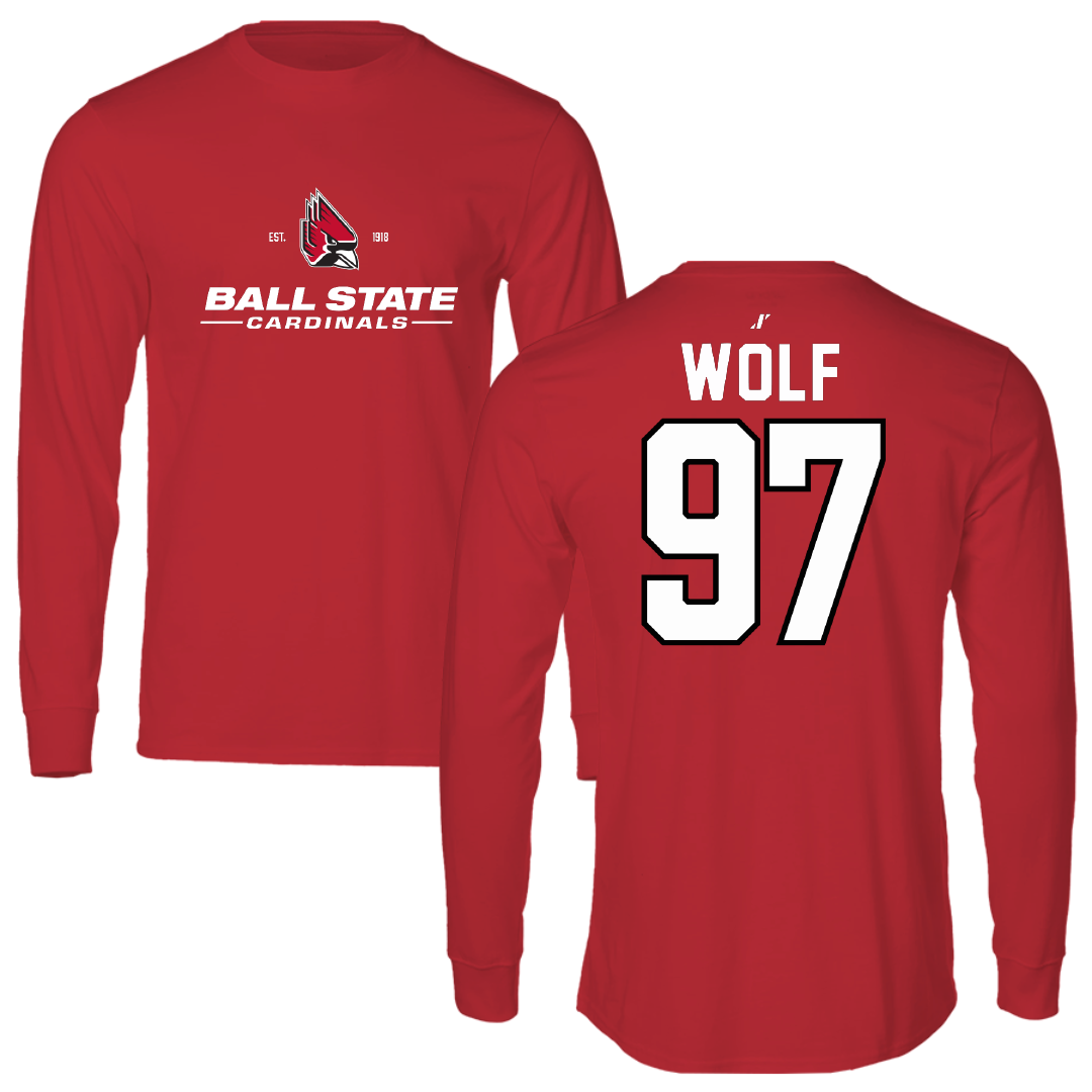 Ball State University Football Red General Long Sleeve - #97 Brady Wolf