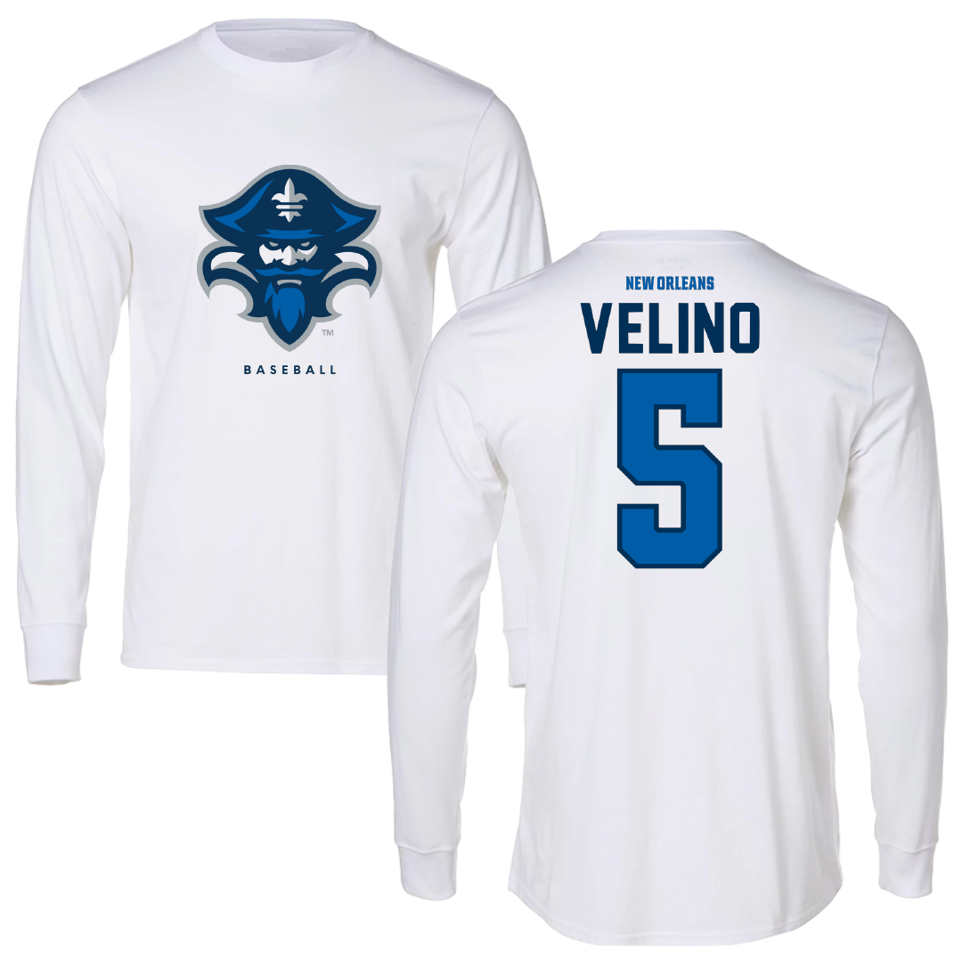 University of New Orleans Baseball White Performance Long Sleeve - #5 Tyler Velino