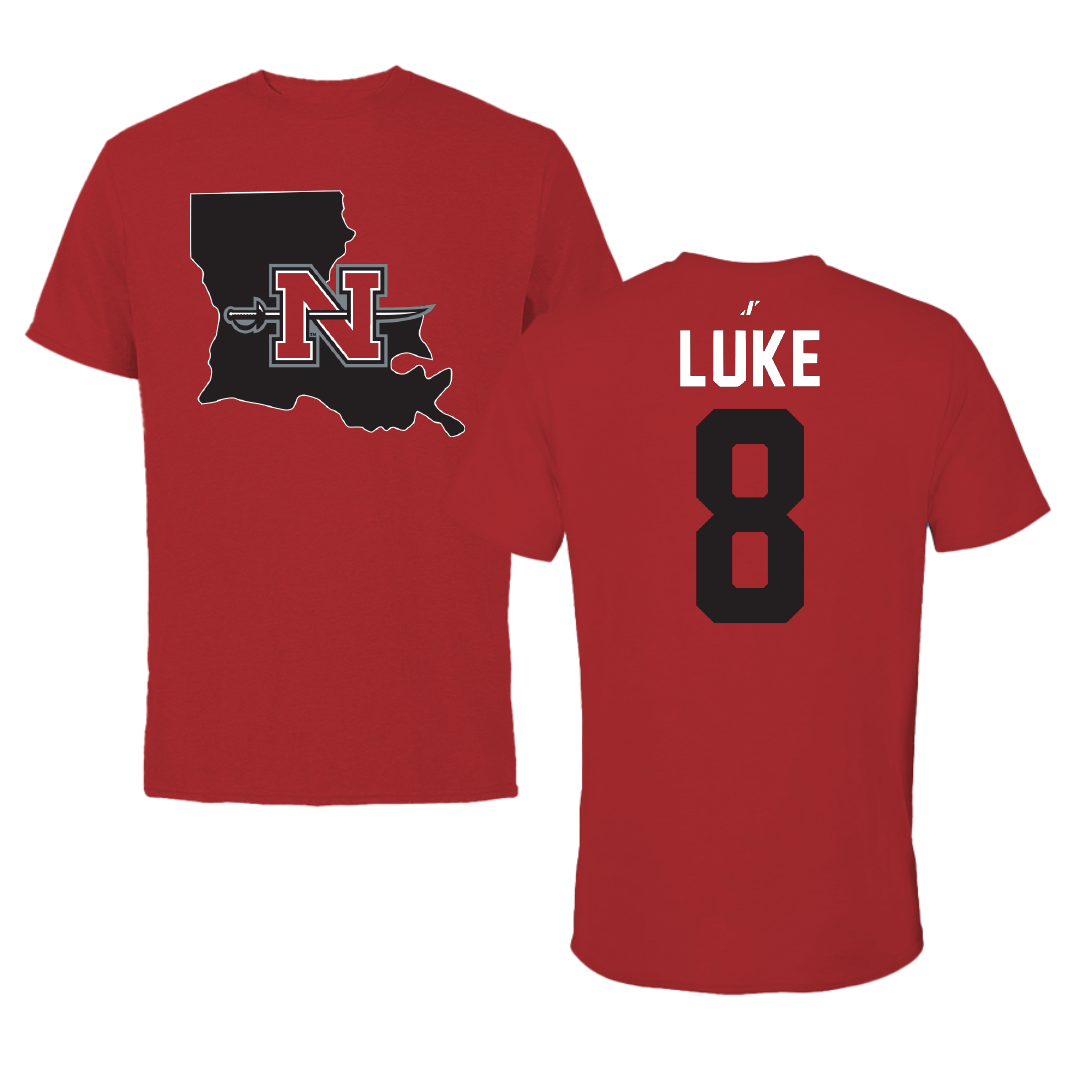 Nicholls State University Baseball Canvas Red State Tee - #8 Haden Luke