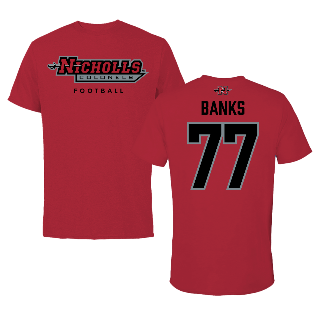 Nicholls State University Football Red Performance Tee - #77 Cam Banks